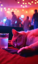 cat laying on a bed next to a glass of water