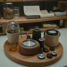 a wooden tray with a mirror, tea cup, speaker and some objects