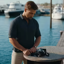 a man looking at a camera on the dock