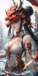 a woman with a demon head and dragon wings is standing in the water