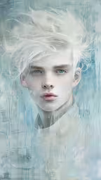 a woman with blonde hair and blue eyes,a photo of the face of a male in water