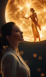 a woman standing in front of a full moon