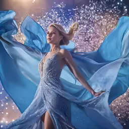 a woman with a blue dress and veil poses for the camera