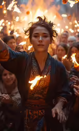 the woman holds two torches in her hand