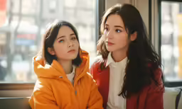 two young girls looking at each other in front of a window