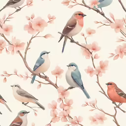 birds perched on small tree branches with pink flowers