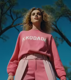 a model with blonde hair is wearing pink pants