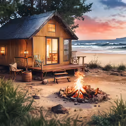 a house built on the shore with a fire and table,a fire pit in front of a small wooden cabin