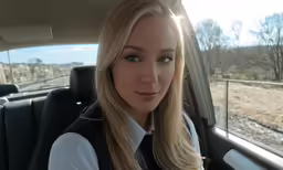 the blonde girl is in her car taking a selfie