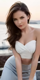 a woman wearing white sits on a bench