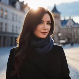 a woman in a coat and scarf looking at the camera