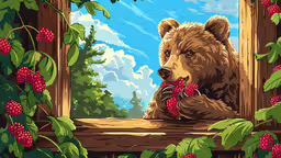 bear eating berries outside of a cabin window,a bear leaning on a fence and chewing on berries