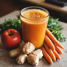 carrots and a glass of fruit and vegetable juice