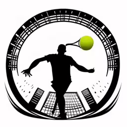 a person swinging a tennis racket at a ball,tennis player jumping to hit a ball in front of him,a man standing next to a tennis ball with his hands up,a silhouette of a man playing tennis against a city skyline,a man playing tennis with buildings around him