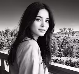 a woman posing on a wooden railing overlooking a desert landscape,the young woman poses for a black and white photo
