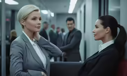 there are two women that are talking in an office