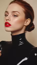 a woman wearing a black latex outfit and red lipstick
