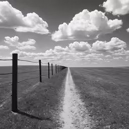 a long road going through an empty field next to a wire fence