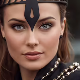 a close up of a woman with black makeup and wearing pearls