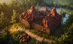 an intricate sculpture of terrain is depicted from the sky,a small model of a log cabin in the woods