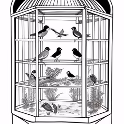 a cage with a few birds in it,birds in a bird cage, which looks like they are on the inside,birds in a birdcage are sitting on the ground,birds sit in the open birdcage,birds are on the inside of a cage