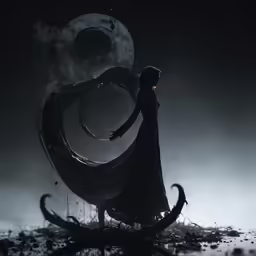 woman standing on a circular black substance in front of a white background