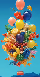 many balloons and fruit float in the air