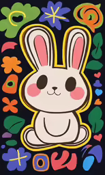 a white bunny sitting in front of many flower shapes