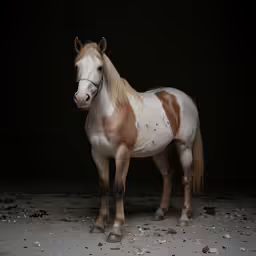 the small brown and white horse stands near black background