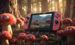 a nintendo wii with mushrooms growing around it