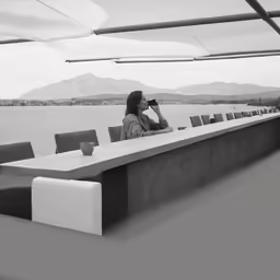 a black and white image of a woman at the bar