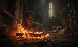 a woman lighting a fire in a living room