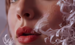 a woman with bright makeup and feathers all around her