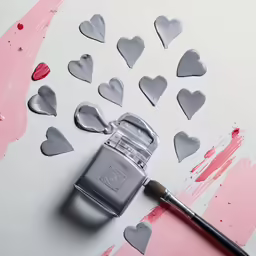 makeup set and brushes next to hearts cut from paper