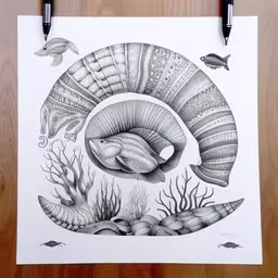 a black and white drawing of a fish and coral,a drawing of fish in the ocean on paper