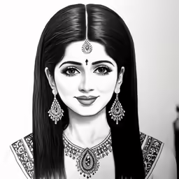 an ink drawing of a woman wearing jewelry