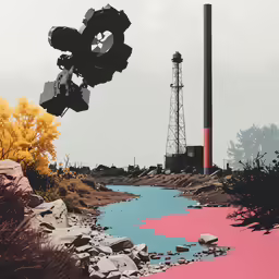 a painting with a pink and blue color that looks like it is over some rocks