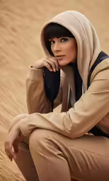 a beautiful young woman kneeling down in a desert area
