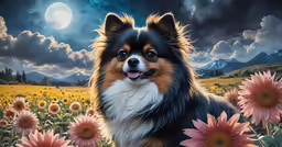a painting of a dog sits in a field full of flowers