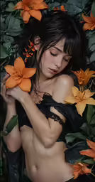 a beautiful naked woman surrounded by orange flowers