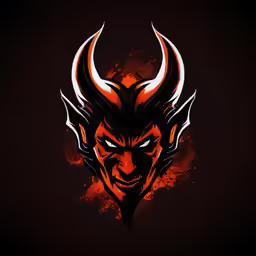 a demonic red devil with black face and sharp orange horns