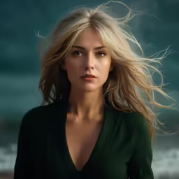 a woman with blond hair is staring straight ahead