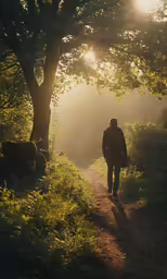 the man walks on the path toward a tree