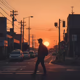 a man is walking across a street at sunset