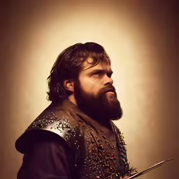 man dressed in full medieval armor with sword and chain