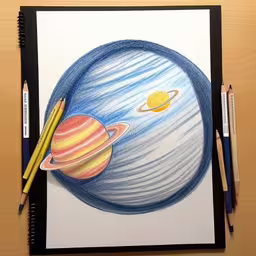 a drawing of two planets on a paper with pencils
