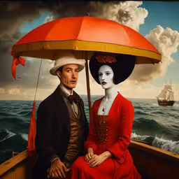 an image of a man and woman sitting under an umbrella,an art print of two people dressed in red