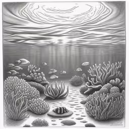 an underwater scene with coral and shells,an underwater scene with corals and other sea creatures,a black and white image of an underwater scene,a pencil drawing of a sea coral reef,drawing with graphite of coral and other sea creatures
