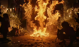 people are sitting in front of a huge fire
