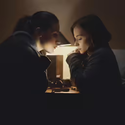 two women staring at each other and looking at a small square object in front of them